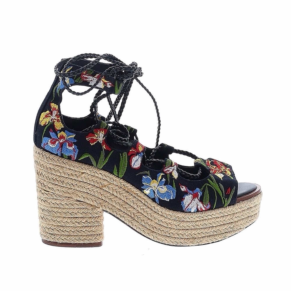 Tory Burch Black Floral Embroidered Espadrille Heeled Sandals
